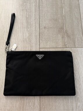 Prada Black Nylon Zip Wristlet Pouch with Leather Strap nylon